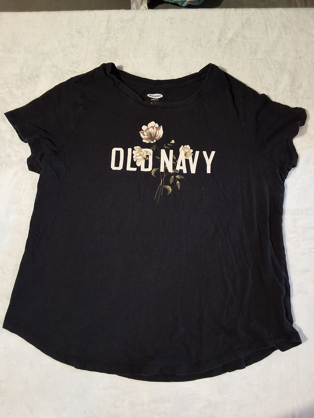 Old Navy Black Tee with Cream Floral Logo